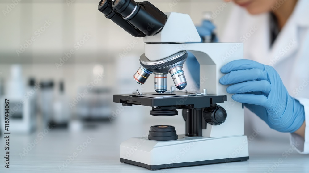 Poster a scientist examines samples under a microscope in a laboratory, showcasing advanced technology and 