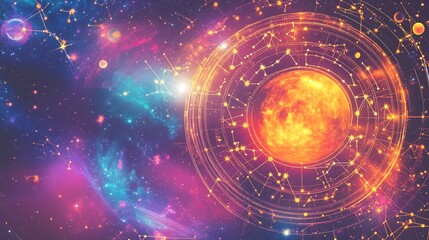 Obraz premium Radiant scene of celestial harmony emphasizing zodiac signs planetary rhythms and the interconnected energy of astrological archetypes