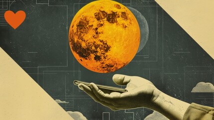 Hand holding modern phone with heart social media badge in contemporary art collage design