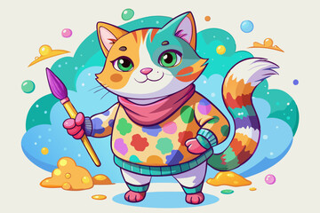 Whimsical Cartoon Cat in a Colorful Polka Dot Sweater Holding a Paintbrush with Paint Splatters