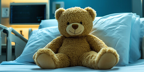 A plush brown teddy bear placed on a hospital bed, representing comfort, emotional support, and care for young patients within a medical environment