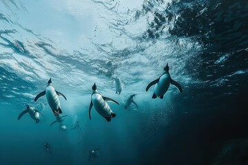 Obraz premium A group of adelie penguins diving into the frigid waters of the Southern Ocean.