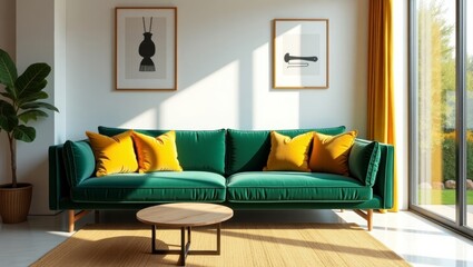 Modern Living Room with Green Sofa and Yellow Cushions
