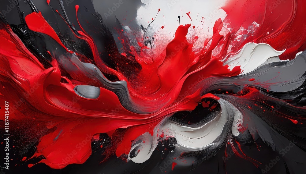 Poster vibrant paint splatter art dynamic red and charcoal grey canvas with textured aesthetic, showcasing 
