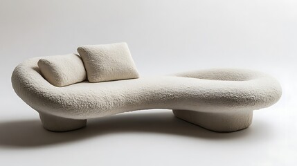 Sofa with a low-profile design and soft, neutral-colored cushions 