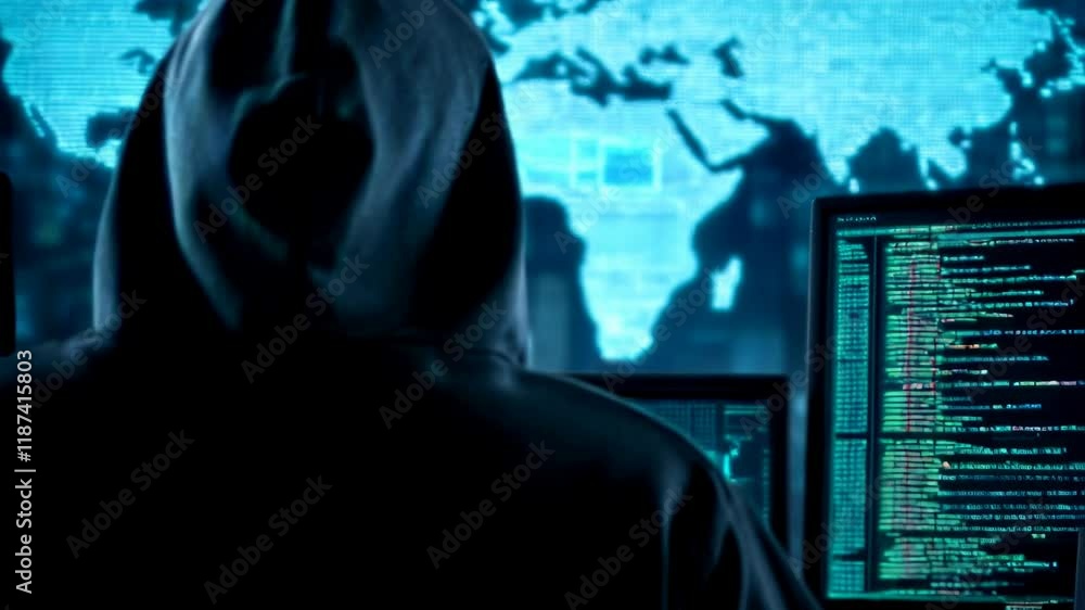 Poster Hooded hacker working on computer. Dark operating room with multiple monitors. Cybercrime, attack and cyberattack concept. Cybersecurity, data protection. Global network