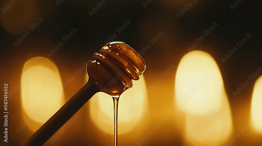 Poster a spoon drips with honey in front of rowlit candles in a dark room