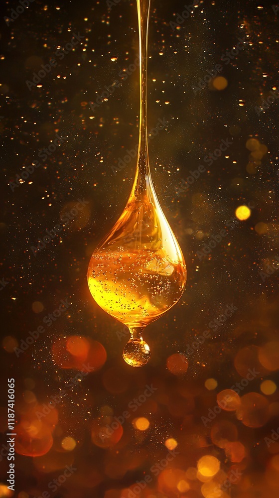 Poster a drop of liquid floats on a black backdrop with a hazy light effect in the background