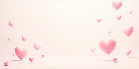 Pink background with many hearts floating in the air. The hearts are scattered all over the background, creating a sense of joy and love. Banner, poster, background, Copy space