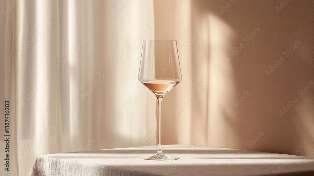 Poster a glass of wine sits on a table in front of a window with a curtain behind the room
