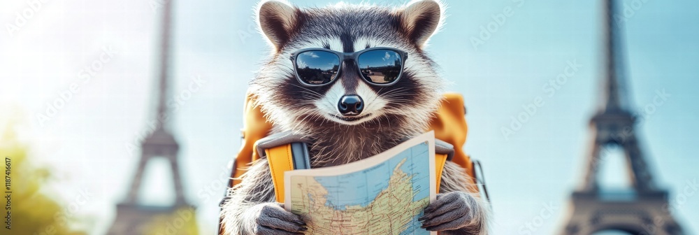 Aufkleber Raccoon backpacker exploring world landmarks with a map in hand during a sunny day. Generative AI