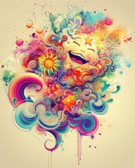 Joyful, colorful unicorn illustration with swirling abstract shapes, hearts, and flowers.