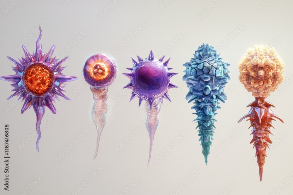 Poster evolution of virus forms showcasing progression from basic to complex structure in a scientific illu