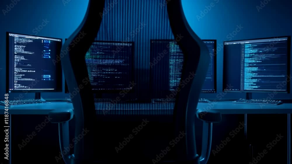 Poster Dark computer room with multiple monitors. Cybersecurity operation center. Software development workspace. IT and tech industry concept