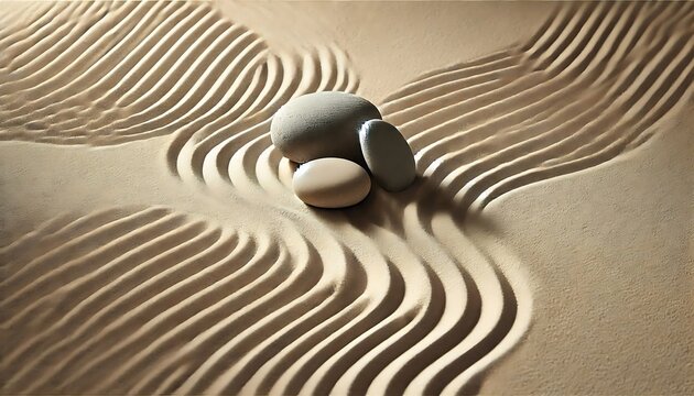 Calming Zen stone arrangement on sand with minimalist wavy patterns, beige and gray natural tones, peaceful meditation background, generative ai
