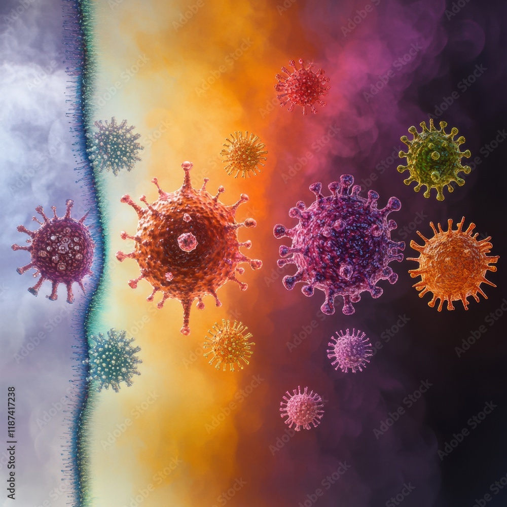 Poster progression of virus forms illustrating evolution from simple to complex structures in a colorful ba