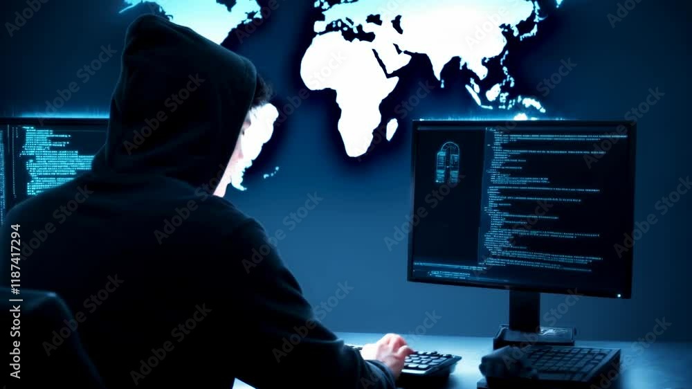 Poster Hooded hacker working on computer. Dark operating room with multiple monitors. Cybercrime, attack and cyberattack concept. Cybersecurity, data protection. Global network