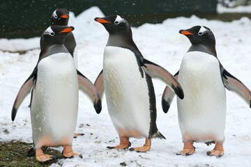 Fototapeta premium A group of adelie penguins tobogganing down an icy slope, gleefully sliding into the sea