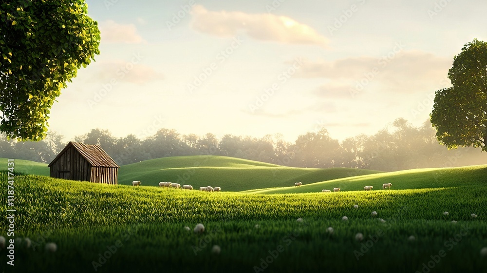 Poster a lush green field with grazing sheep and trees in the background