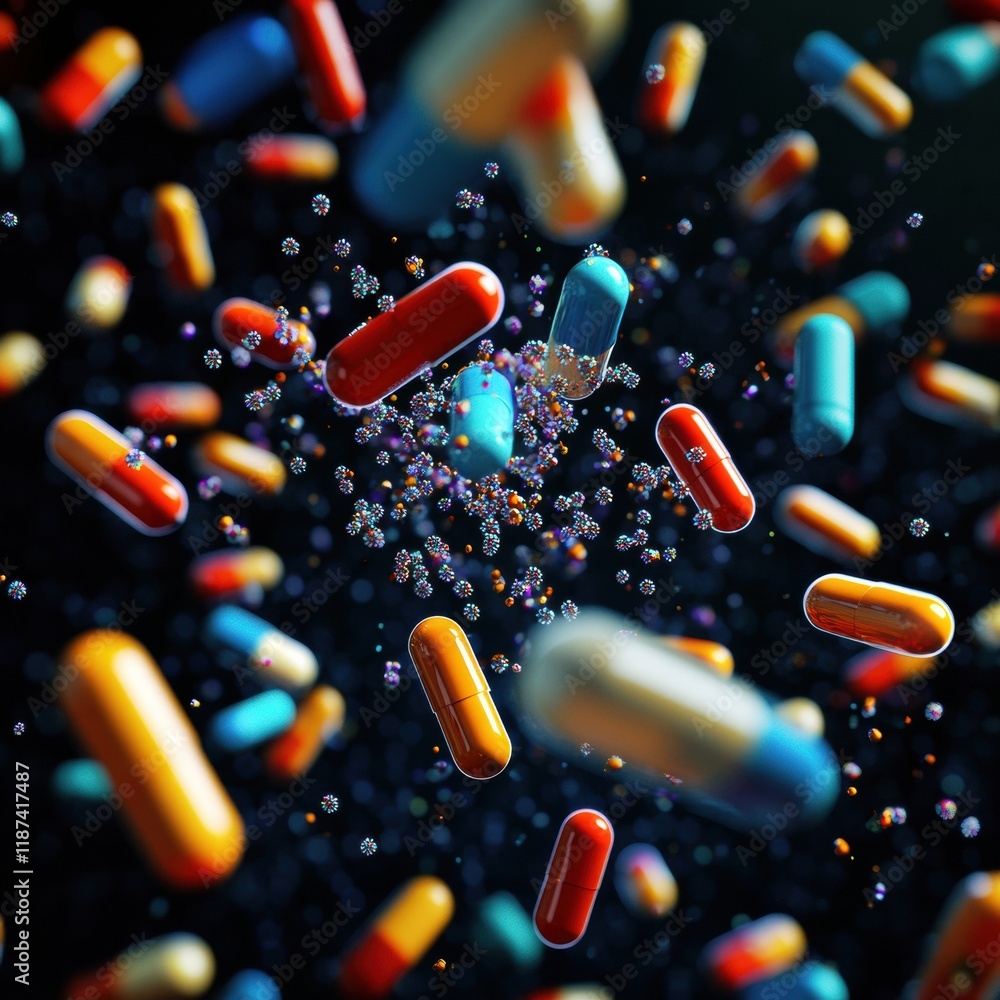 Poster pills surround bacteria in dynamic representation of medical advancements in treatment. generative a