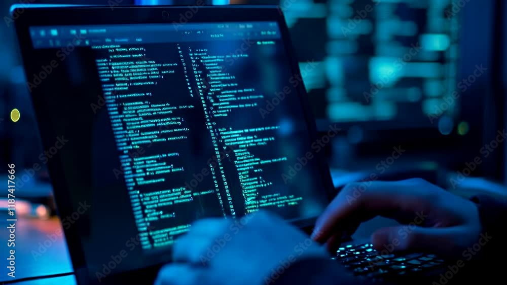 Poster hands typing on the laptop. hacker in dark operating room. cybercrime, attack and cyberattack concep
