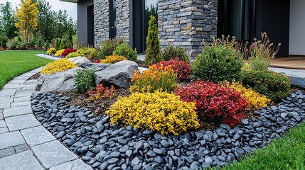 Obraz premium Modern home landscaping with colorful flowers, grey stone pathway, and rocks.