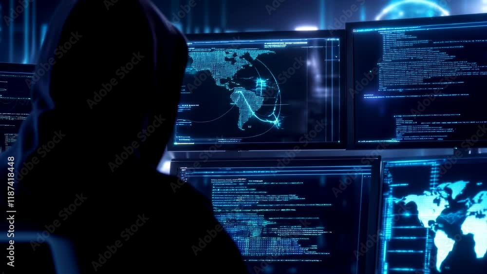 Poster Hooded hacker working on computer. Dark operating room with multiple monitors. Cybercrime, attack and cyberattack concept. Cybersecurity, data protection. Global network