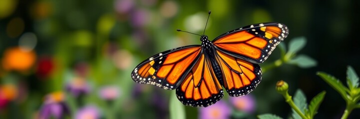 Vibrant Monarch Butterfly Gracefully Perched Against Colorful Garden Background