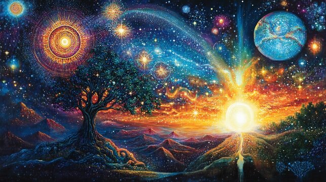 Celestial harmony visualized radiant cosmic light and vibrant astrological symbolism representing the spiritual cosmos in colorful designs