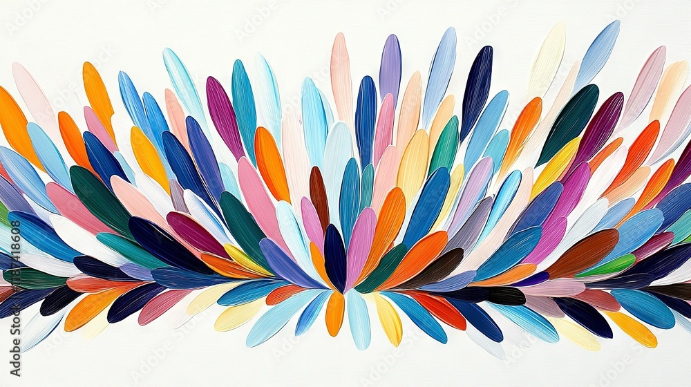 Poster a colorful arrangement of feathers on a white background forms a rainbow pattern, providing space fo