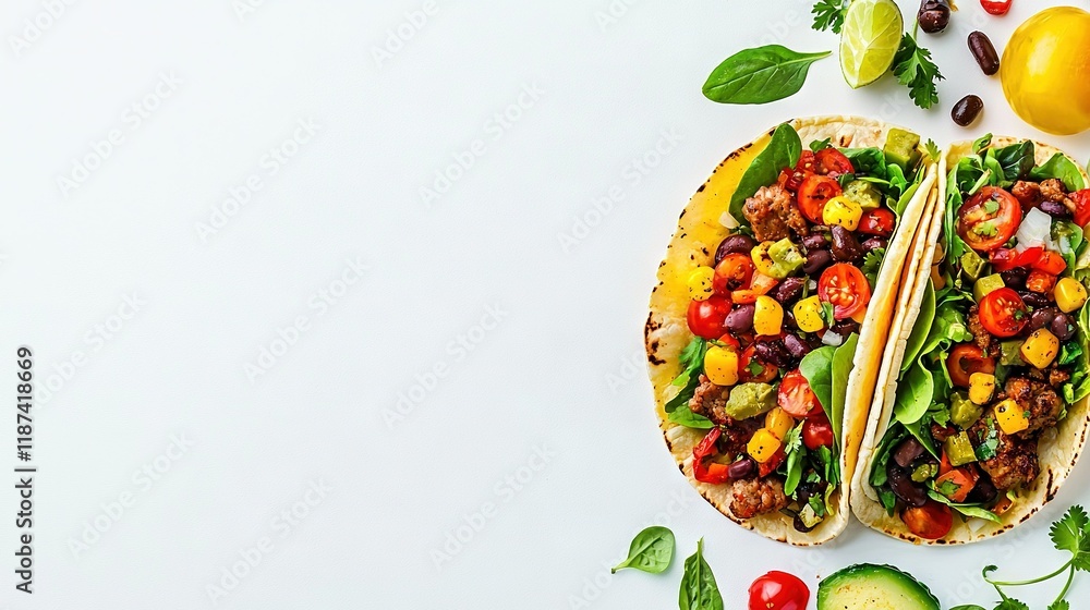 Poster a pair of tacos resting on a table, surrounded by veggies and an avocado slice