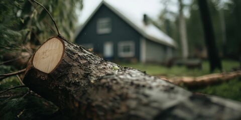 A close-up view of a fallen tree trunk in a moody forest, with a rustic house in the background, conveying themes of nature, resilience, and the cozy connection between home and environment.