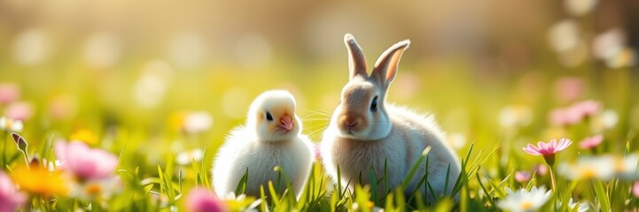 Adorable Duckling and Bunny Sitting Peacefully in Colorful Spring Meadow
