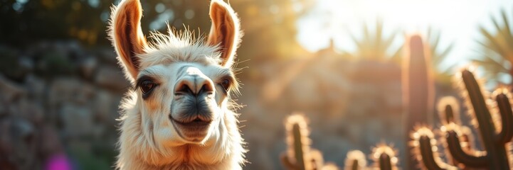 Fototapeta premium Curious Llama with Playful Expression Against Desert Sunset