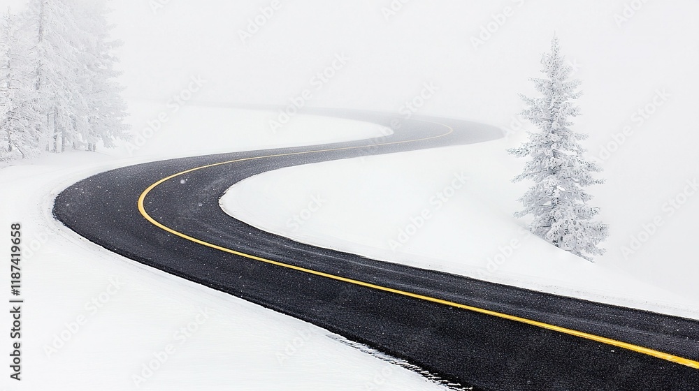 Poster snowy field with a curved road lined by trees on either side