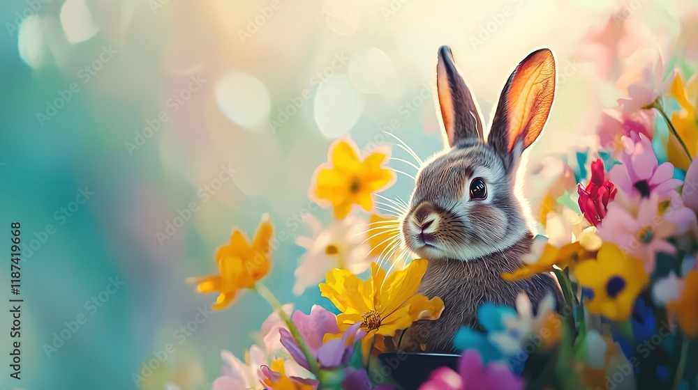 Poster rabbit in flower field with basket - more concise while still conveying the same message