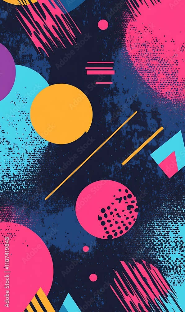 Poster A colorful geometric design with overlapping circles and diagonal lines on a pastel background