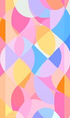 A colorful geometric design with overlapping circles and diagonal lines on a pastel background
