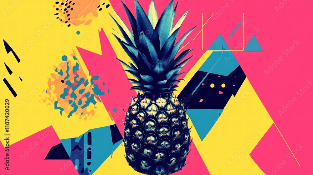 Poster intricate geometric pineapple design features bright colors and unique shapes in a vibrant abstract 