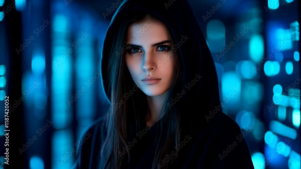 Poster young woman hacker in corporate data center. rows of rack servers. ai training cluster. cloud data s