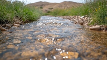 Fototapeta premium Shallow stream flowing through rocky terrain, desert hills backdrop.