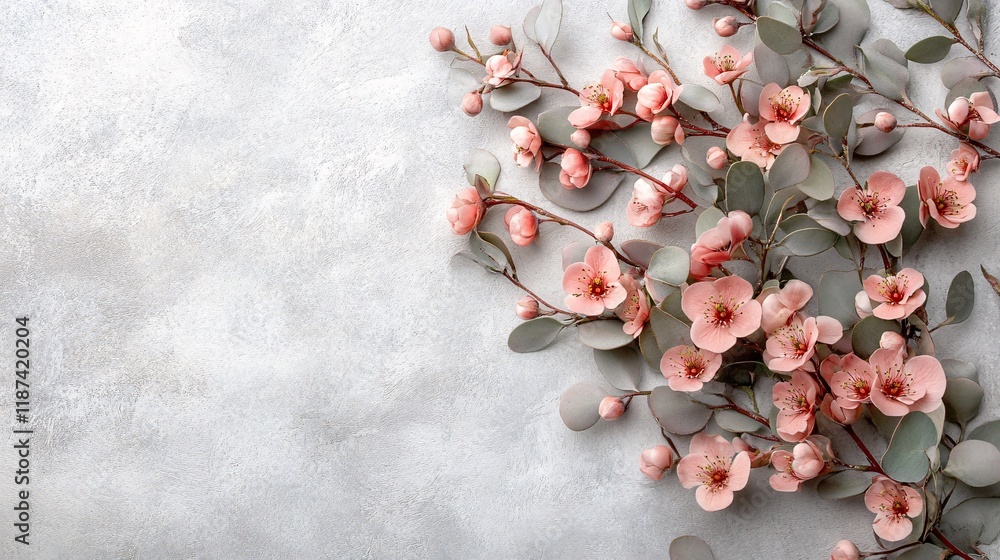 Canvas Prints Delicate pink flowers and green leaves arranged artistically on a textured background