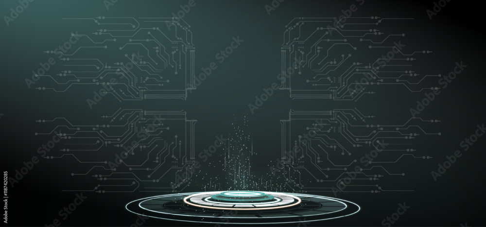 Poster digital platform emits particles in a dark environment, surrounded by circuit patterns, showcasing a