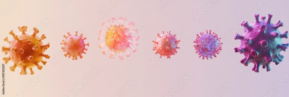 Poster progression of virus forms showing evolution from simple to complex structures in colorful represent