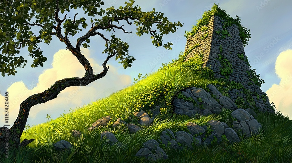 Poster a painting depicts a stone tower on a hill against a backdrop of trees and clouds in the foreground 