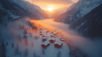 Naklejka premium aerial view of a small mountain village between the fog and the high snow capped peaks of the alps at sunset concept of adventurous vacation in nature to discover small villages