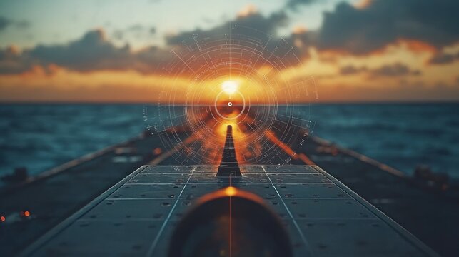 Ship navigating ocean at sunset with digital overlay.