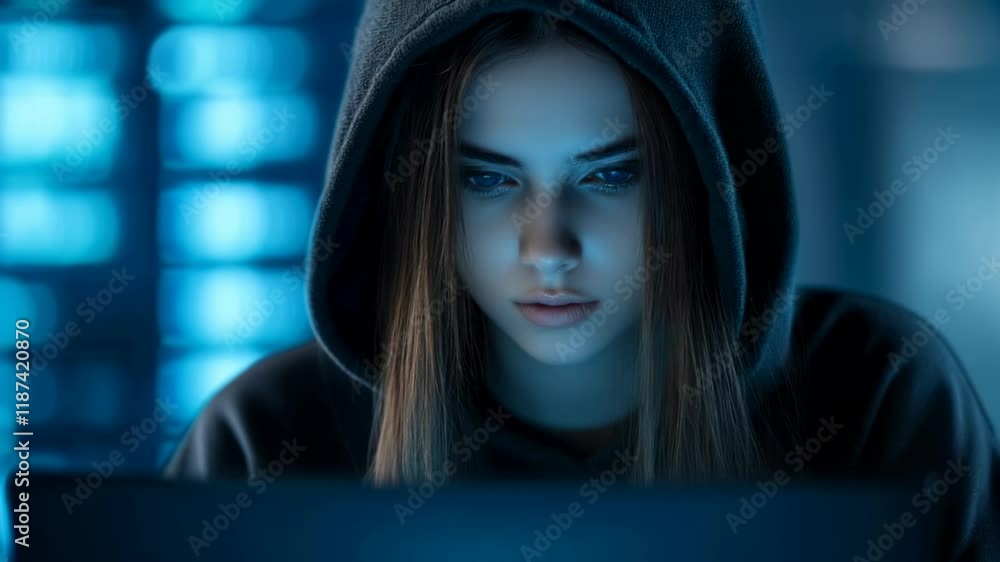 Poster young woman programmer working on computer. dark operating room with multiple monitors. cybercrime, 