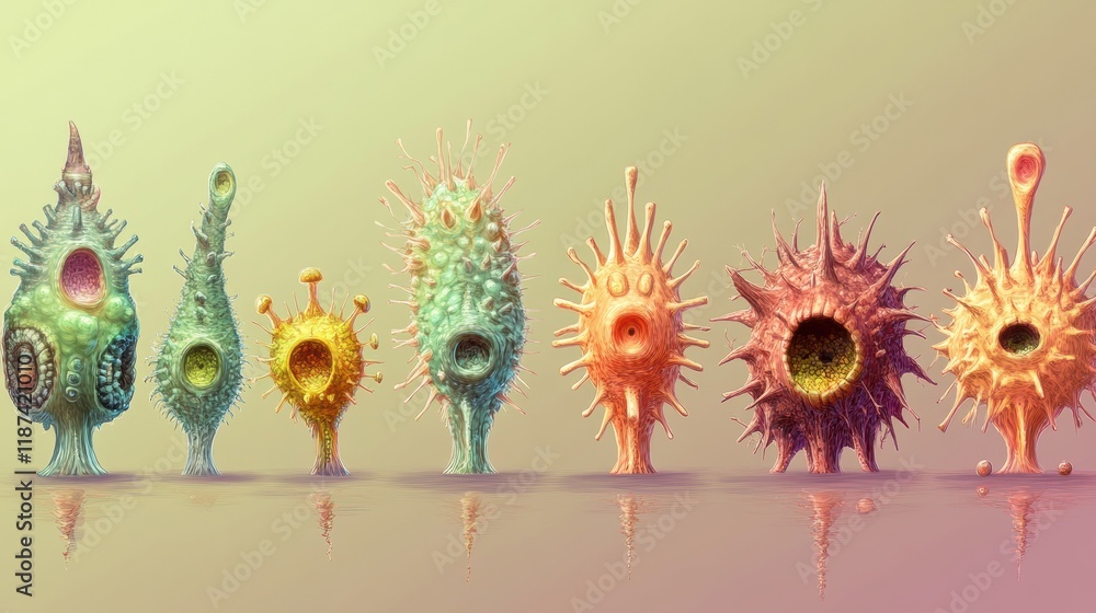Poster progression of viral forms showcasing evolving complexity and structure in biological models. genera
