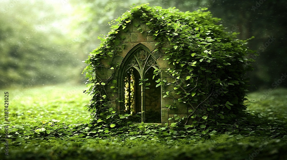 Poster a building with vines growing out of it stands in a lush green field surrounded by trees